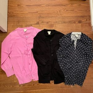 3x j crew cardigans - pink, black & navy pattern